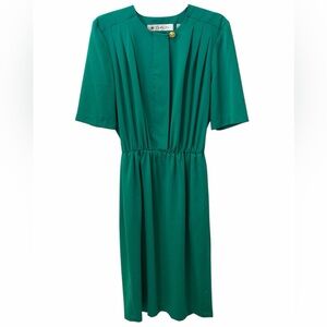 Vintage MS Chaus Emerald Green Pleated Waist Midi Dress Size 12